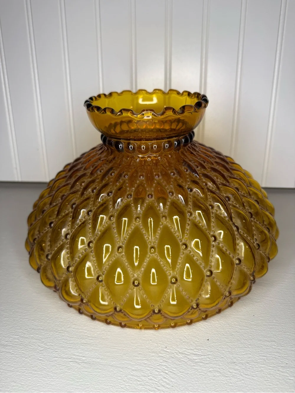 VTG Large 10” Fitter Amber Glass Hurricane Lamp Shade Diamond Quilted Ruffle
